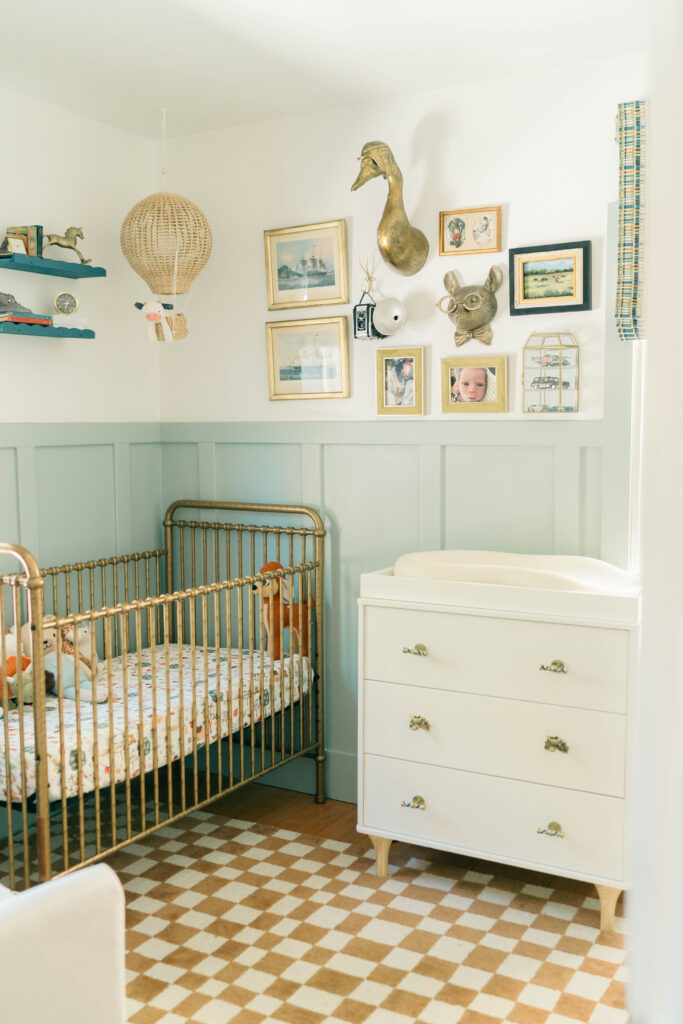 brass frames cottage inspired for baby boy nursery. Photographed by Iris Graciela Photography.